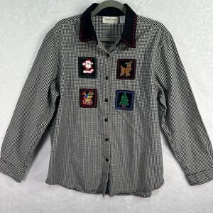 Lemon Grass Button Up Shirt Womens XL Black Gingham Christmas Embroidered Cotton